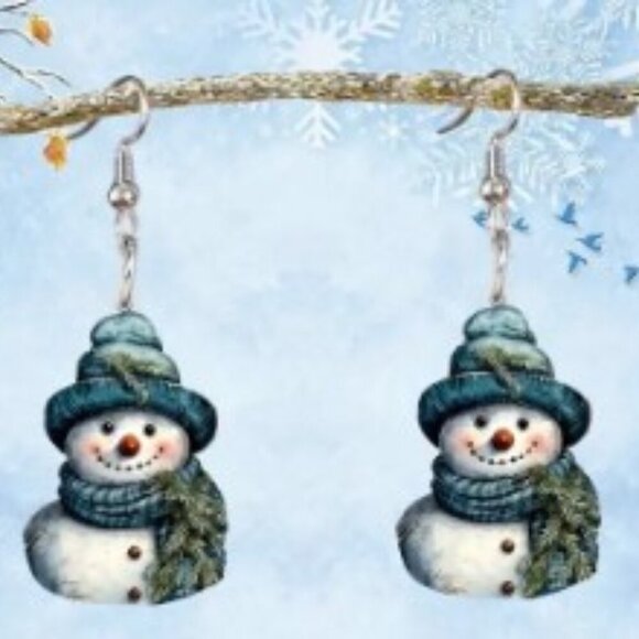 ♥️5 for $25♥️ Snowman Earrings, Acrylic 2D Blue Hat Snowman Drop Dangle Earrings - Picture 1 of 6